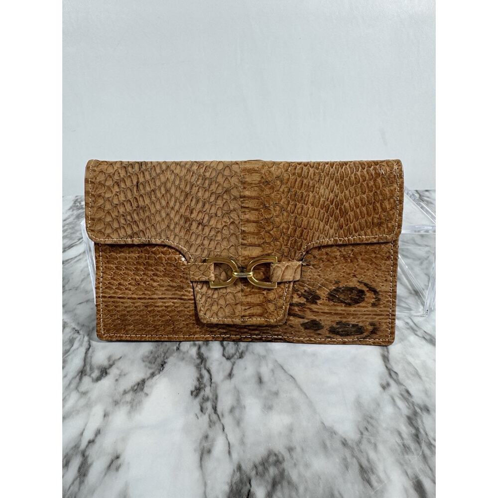 Vintage 60s Python Snakeskin Wallet Brown Leather Bi Fold Folio Style Gold Tone